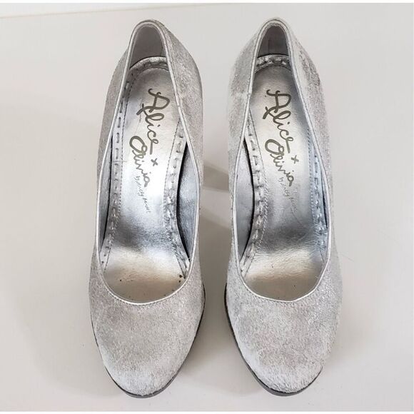 Alice & Olivia Size 5 Miranda Calf Hair Platform Pump Heels Silver White Glam - Picture 5 of 12